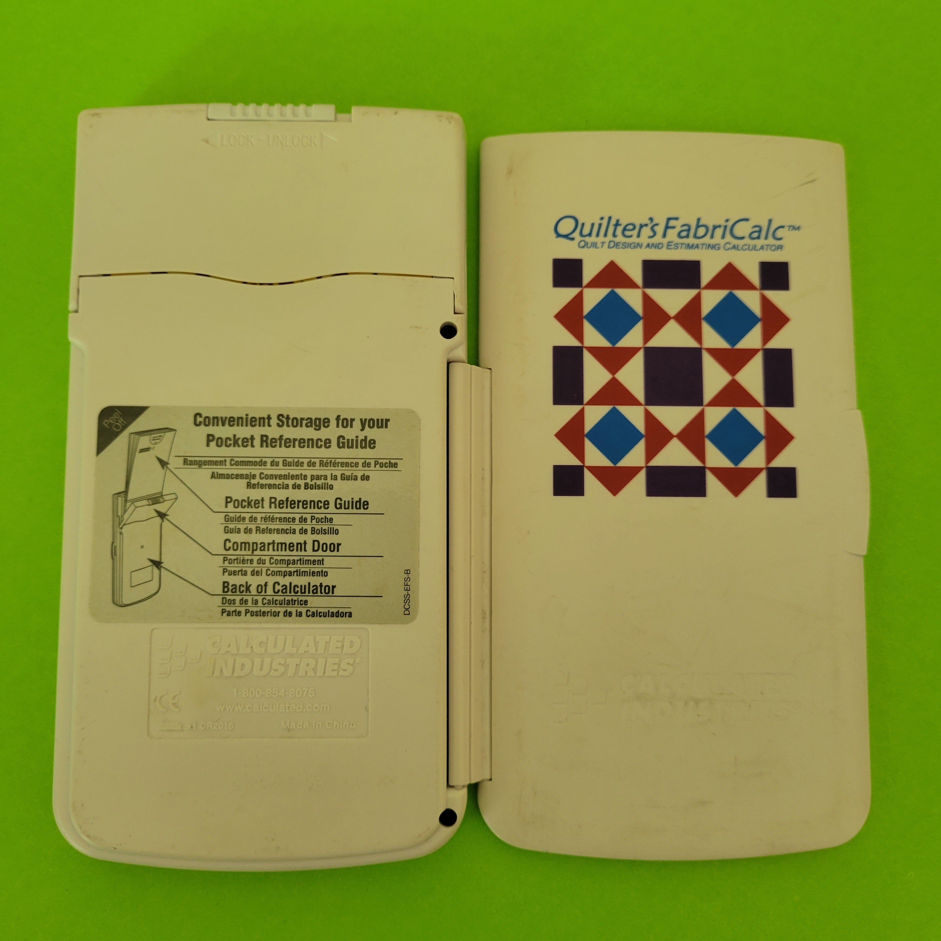 An image of the back of a Calculated Industries Quilter's Fabricalc calculator